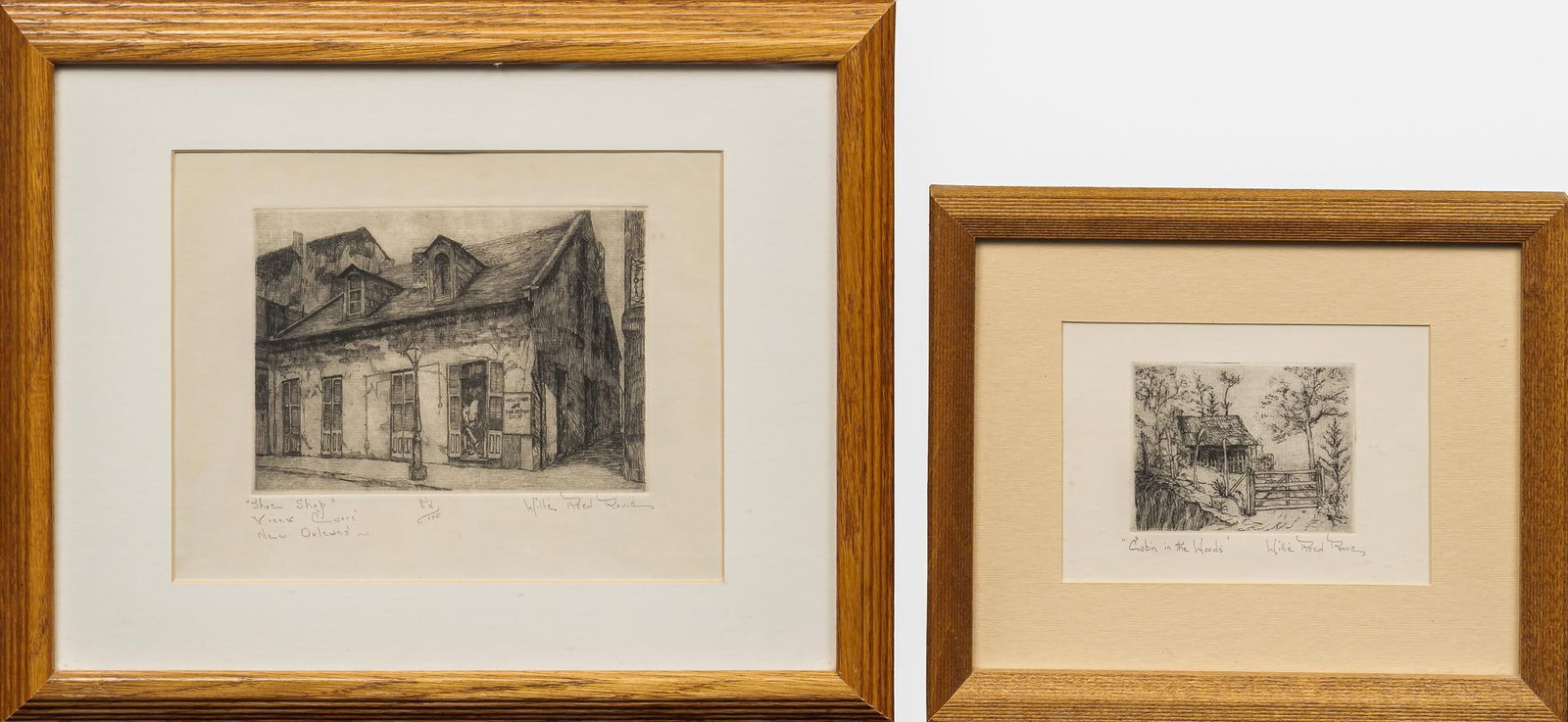 Willie Reed Rowe, Vieux Carre and Piney Woods Etchings: Willie Reed Rowe (Amer., 1914-1986), (2) artist-pulled etchings to include "Cabin in the Woods" and "Shoe Shop, Vieux Carre", with pencil signatures and titles Provenance: Property fro