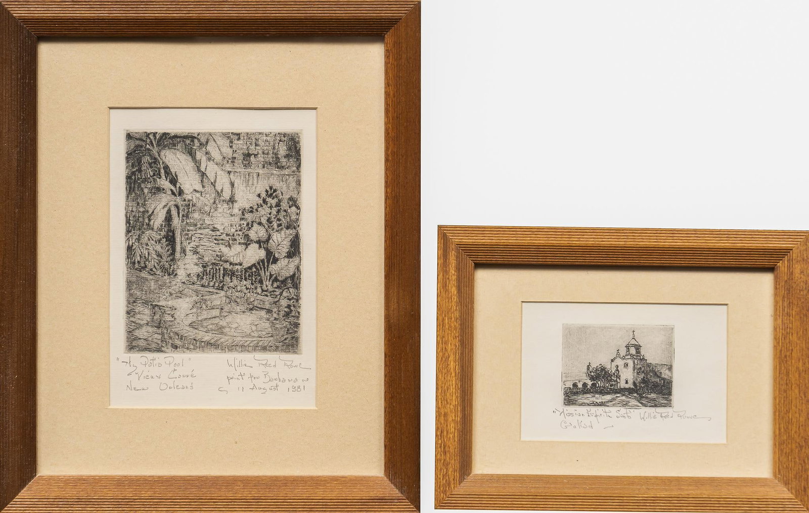 Willie Reed Rowe, Mission and Patio Etchings: Willie Reed Rowe (Amer., 1914-1986), (2) artist-pulled etchings to include "Mission Espiritu Santu - Goliad, TX" and "My Patio Pool" (New Orleans, Louisiana) with pencil signatures and
