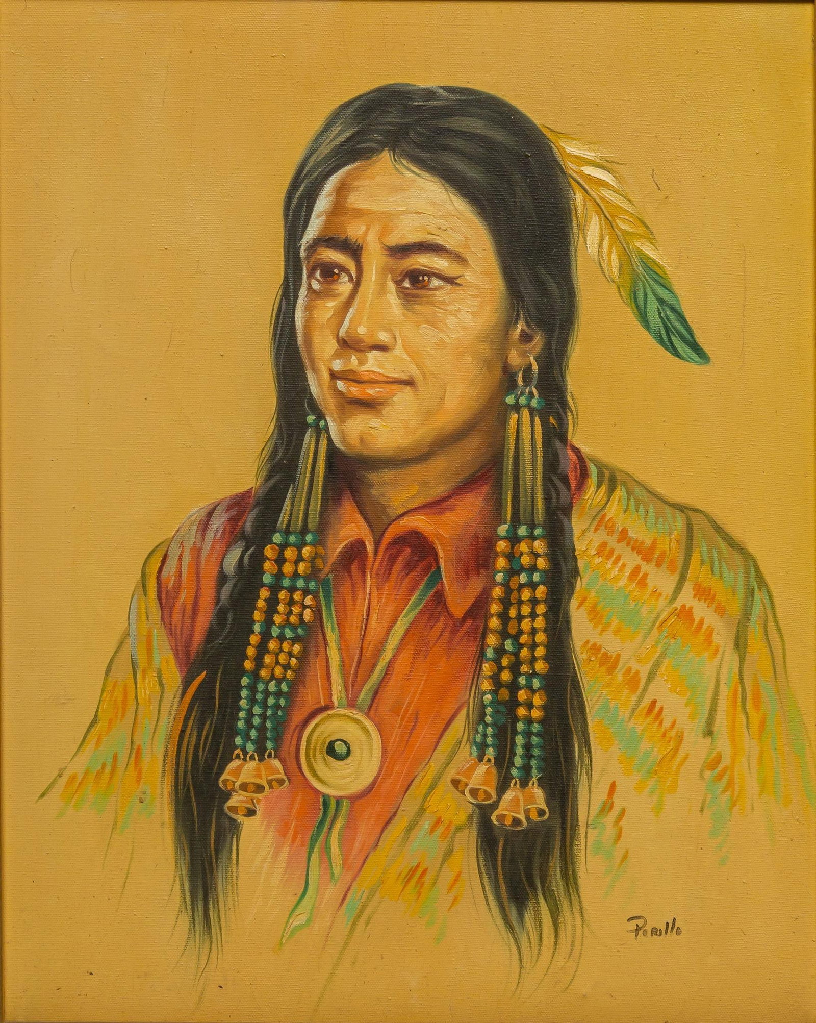 Gregory Perillo, Native American Portrait: Gregory Perillo (Amer., 1927-2021), Native American portrait, oil on canvas sight: 16.5 x 12.5 in., frame: 25.5 x 21.5 in.