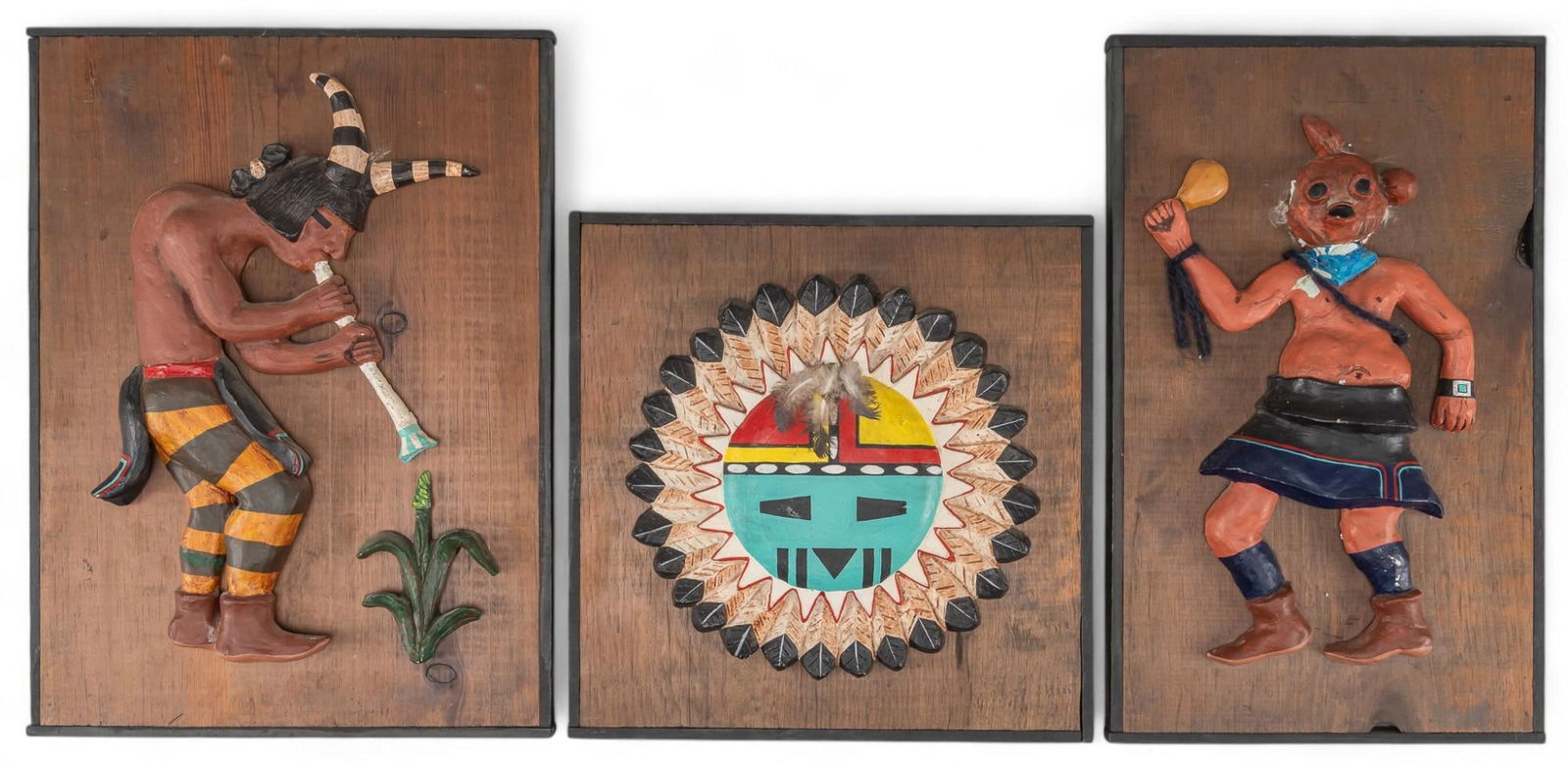 (3) Framed Wooden Native American Ceramic Reliefs, Signed (1 of 9)