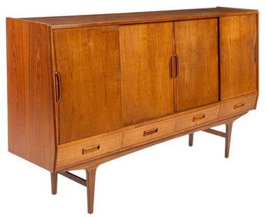Danish Mid-Century Bar Cabinet: Danish mid-century bar cabinet featuring four sliding doors with integrated wood pulls opening to three interior cabinets, two with two shelves, central space with mirrored back and two shelves, four