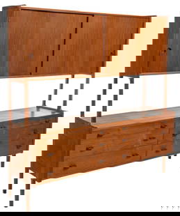 Hans Wegner for Mobler Teak Double Decker Cabinet: Danish mid-century teak double decker cabinet, designed by Hans Wegner (1914-2007, Denmark) for Soborg Mobler (Denmark), with upper portion having two sliding doors opening to shelved storage, and