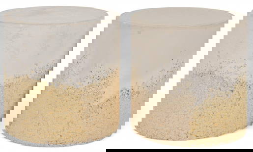 Pair of Samuel Amoia (USA) Side Tables: Pair of hand-made drum-shaped side tables of crushed white opal and white plaster, designed by interior designer Samuel Amoia, and sculpted by his brother, Dominic Amoia (USA, 20th century) height