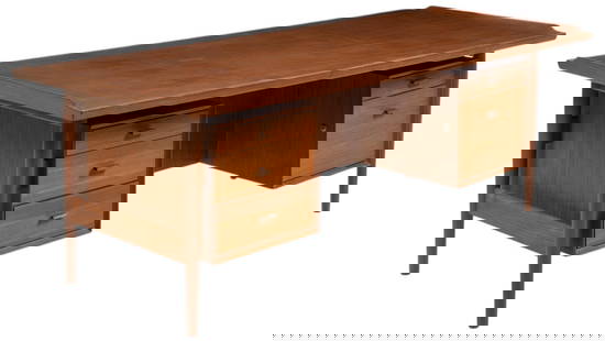 Arne Vodder, Danish Teak Desk: Danish desk designed by Arne Vodder (1926-2009, Denmark), teak and teak veneer, composed of two suspended boxes, with left having three drawers and right having two drawers, with oversized top,
