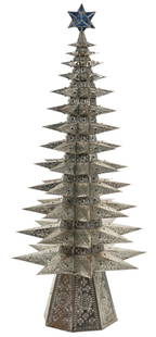 Metal Christmas Tree: Freestanding metal Christmas tree, having punched tin floral motif with colorful marble pendant decorations, featuring blue stained glass star on top height 80 in. x width 33 in. x depth 29 in. 