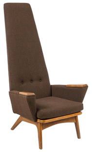 Adrian Pearsall, Mid-Century High Back Chair: Mid-century high back chair, attributed to Adrian Pearsall (1925-2011, American), with fully upholstered seat and back, featuring wooden armrests and frame, supported on shaped block legs height