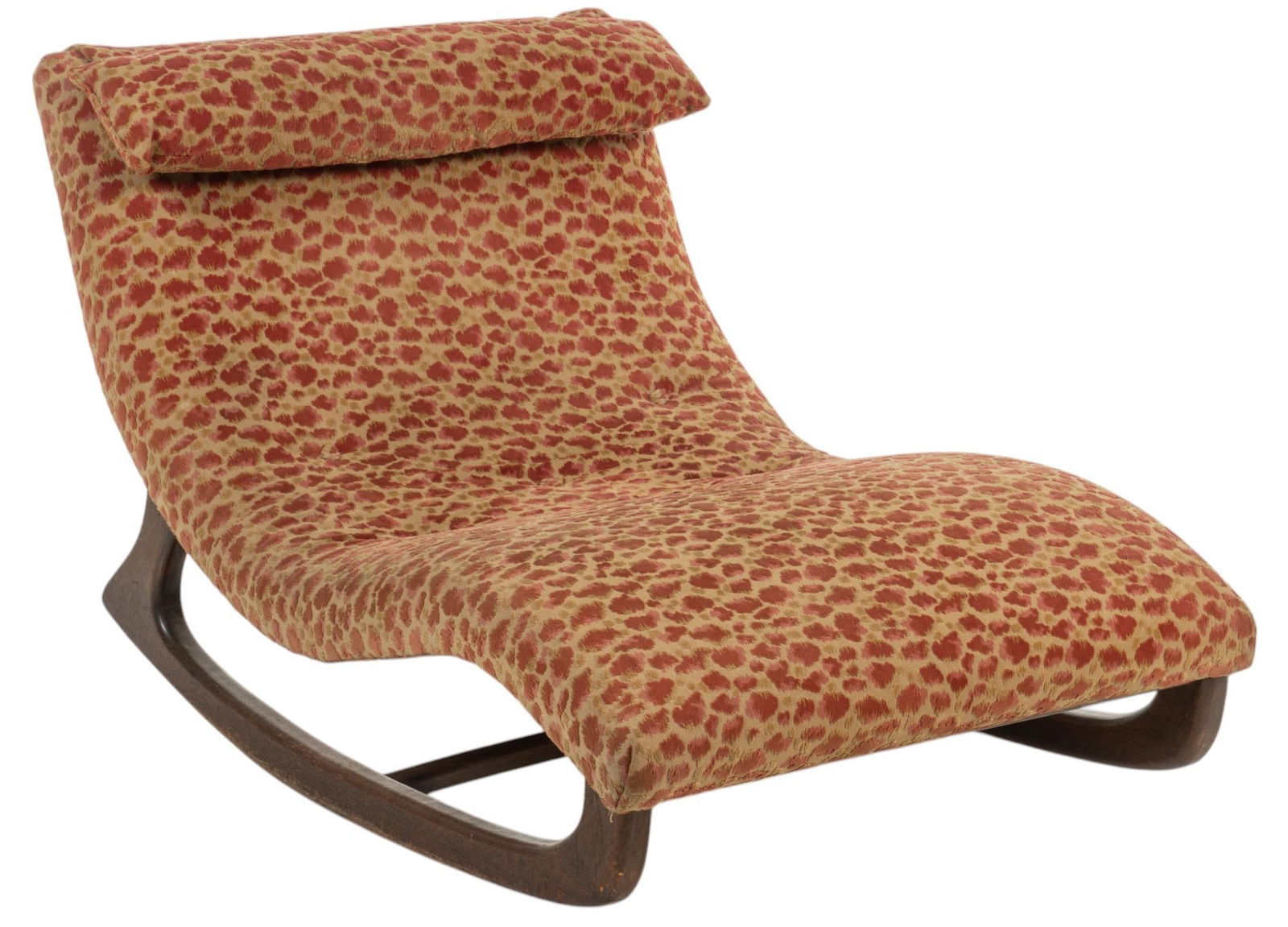 Adrian Pearsall (USA) Chaise Rocker: Adrian Pearsall (1925-2011, USA) chaise rocker on wooden base, with pillow affixed to top, reupholstered in Scalamandre fabric height 32 in. x width 56 in. x depth 37 in. Provenance: Property from t