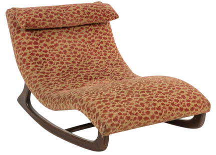 Adrian Pearsall (USA) Chaise Rocker: Adrian Pearsall (1925-2011, USA) chaise rocker on wooden base, with pillow affixed to top, reupholstered in Scalamandre fabric height 32 in. x width 56 in. x depth 37 in. Provenance: Property