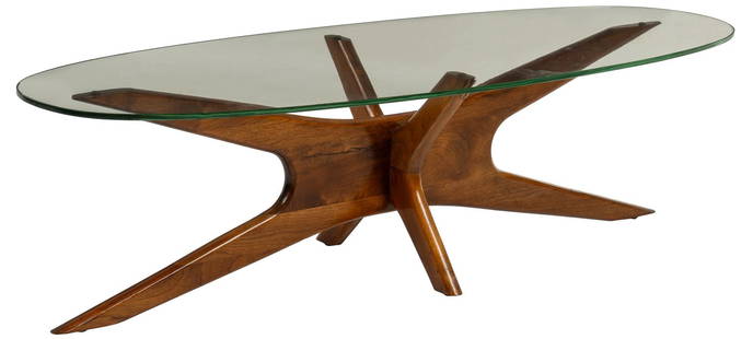 Adrian Pearsall Surfboard Table: American mid-century walnut coffee table base with an interlocking x-form and oval clear glass table top, designed by Adrian Pearsall for Craft Associates height 15 in. x width 56 in. x depth 20