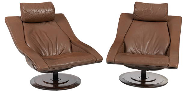 Pair of "Wave" Lounge Chairs: Pair of "Wave" lounge chairs, for Nelo Mobel (Sweden), featuring brown leather upholstery, and bentwood frame, on swivel base height 36 in. x width 31 in. x depth 38 in.