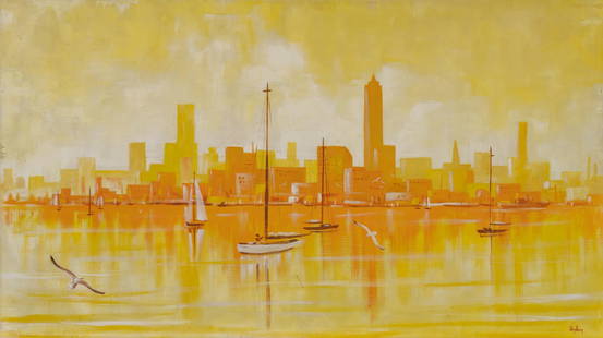 Dalhart Windberg, Sailboats Cityscape: Dalhart Windberg (Texas, b. 1933), palette knife with sailboats and cityscape, oil on board sight: 24 x 42 in., frame; 27 x 45 in. Provenance: Property from the collection of a New Braunfels,