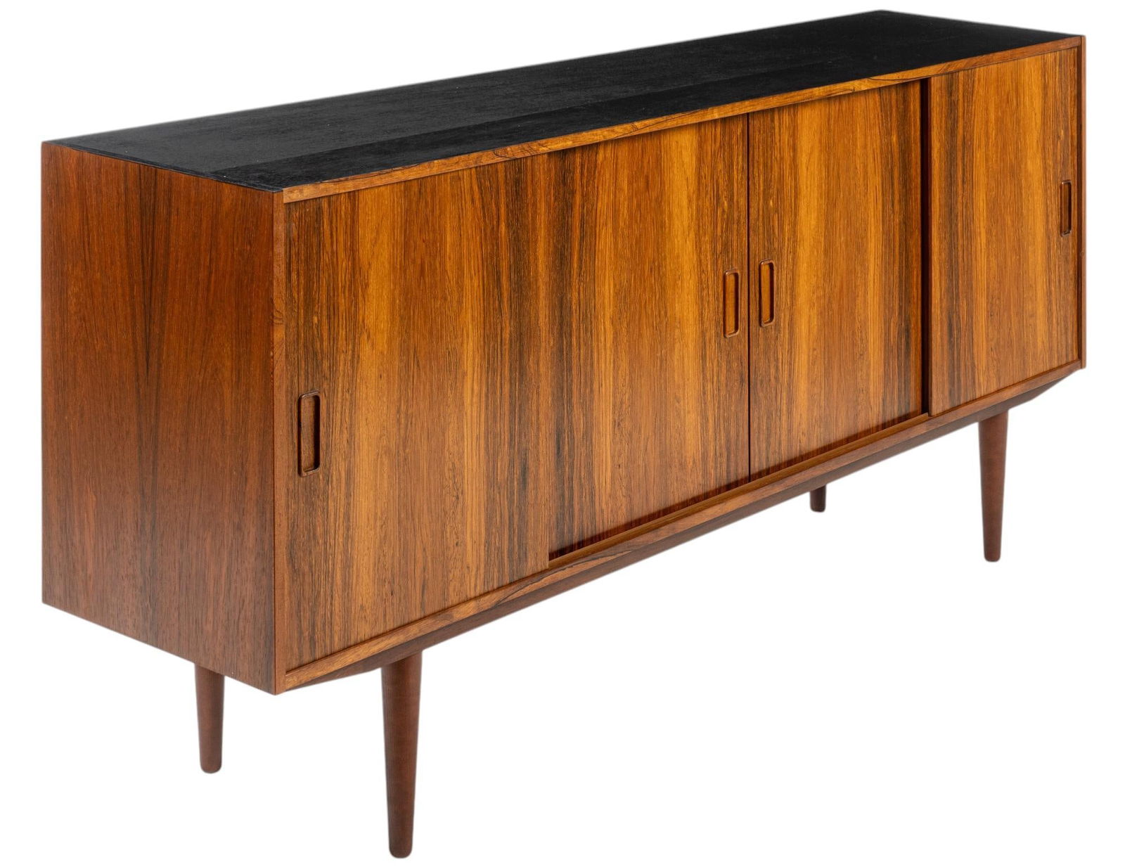 Danish Mid-Century Credenza: Danish mid-century credenza featuring four sliding doors with integrated wood pulls, with two interior removable shelves, on pin legs height 33 in. x width 75 in. x depth 16.5 in.