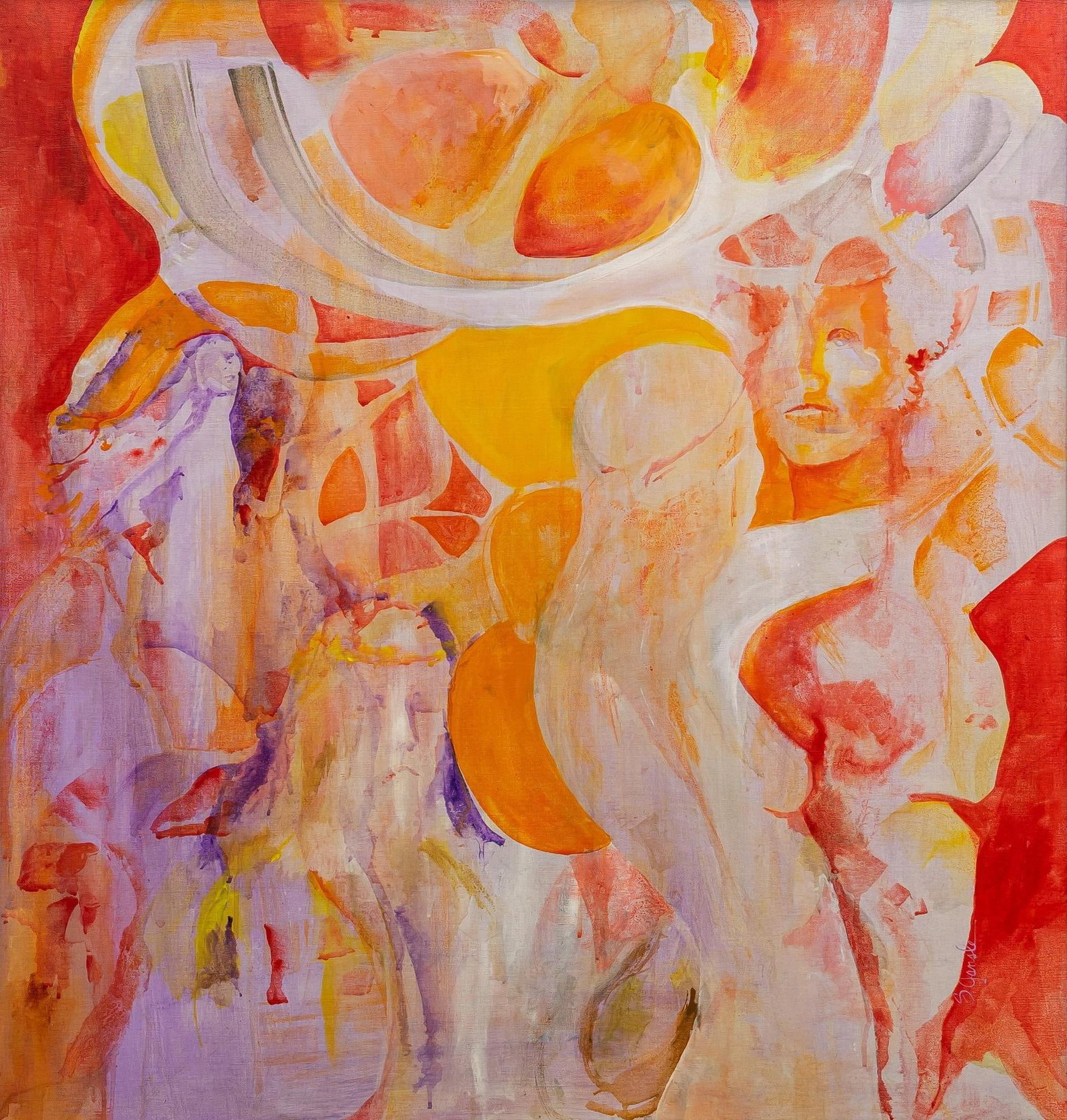 Mid-Century Oil Painting: Mid-Century style vintage abstract oil painting, oil on canvas, signed "S. Gansle" sight: 41.5 x 39 in., frame: 43 x 41 in. Provenance: Property from the collection of a San Antonio, Texas gen