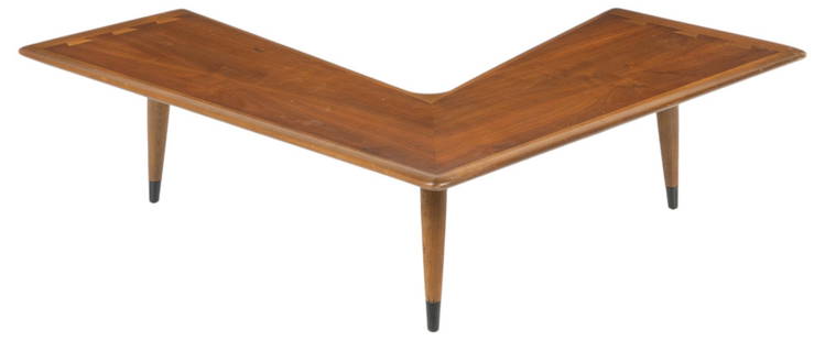 Lane Furniture, Acclaim Line Boomerang Coffee Table: Boomerang coffee table, designed by Andre Bus (Dutch, 1890-1978) for Lane Furniture's (USA) "Acclaim" collection, on three tapered pin legs, marked to underside with maker and serial numbe