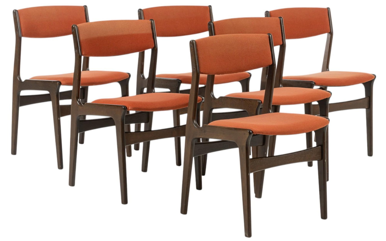 Set of (6) Danish Mid-Century Dining Chairs: Set of six Danish mid-century dining chairs featuring red upholstery, stretchered pin legs height 30.5 in. x width 18.5 in. x depth 17.5 in.