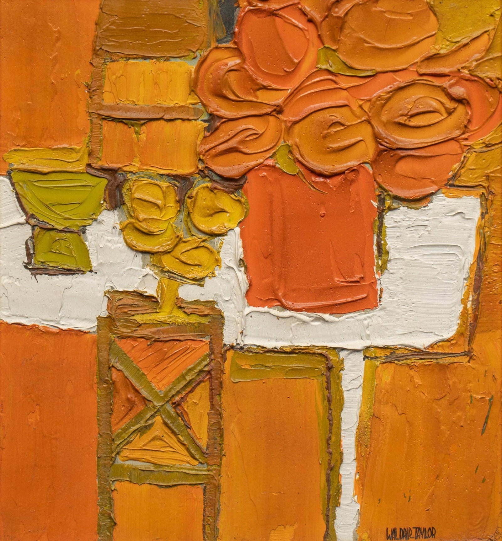 Patricia Waldrip-Taylor, "Orange Still Life": Patricia Waldrip-Taylor (Texas, b. 1940), "Orange Still Life", oil on masonite sight: 12 x 10.5 in., frame: 16 x 15 in. Provenance: Property from the collection of a Goliad, Texas gentleman