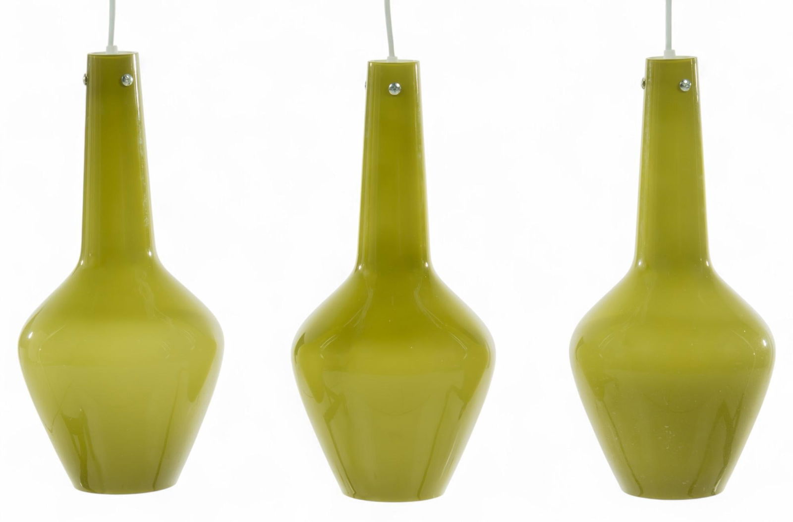 (3) Jonathan Adler Lighting Fixtures: Set of three Jonathan Adler (American, b. 1966) pendant lighting fixtures with green glass shades height 17 in. x diameter 7.5 in.