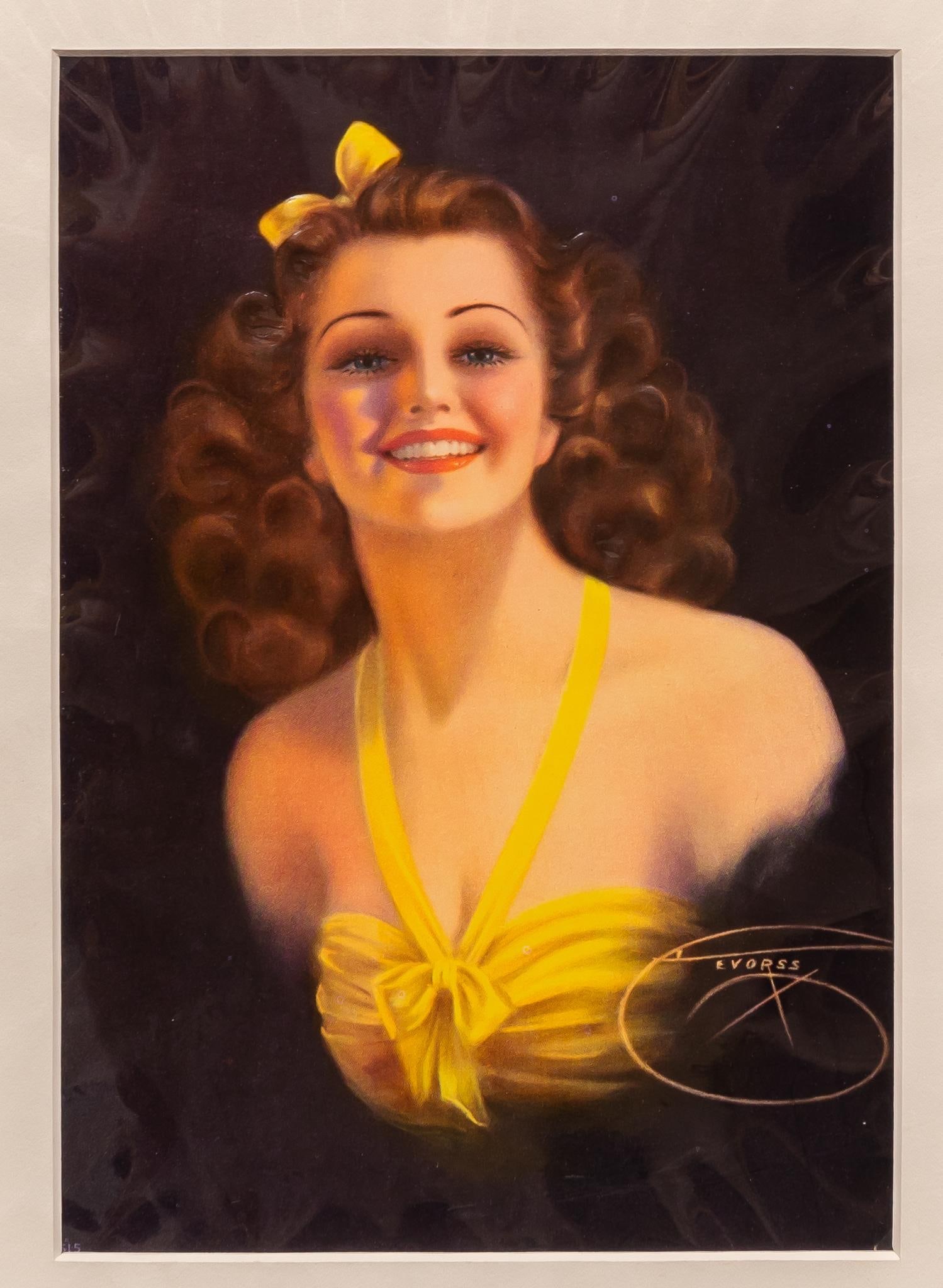 Embossed Lithograph of WWII Pin-Up Girl: Embossed lithograph of a 1945 print for calendar by Billy De Vorss (1908-1985, Missouri), depicting a portrait of a WWII style pin-up girl sight: 10 x 7 in., frame: 20 x 16 in. Provenance: Property fr