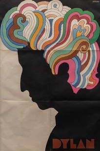 1966 Bob Dylan Poster: Framed reproduced Bob Dylan poster, originally designed by Milton Glaser (New York, 1929-2020) in 1966, graphic designer and creator of the iconic "I love New York" logo sight: 34.5 x 23.5 in