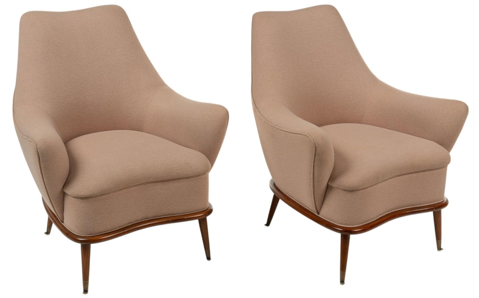Pair of Upholstery Lounge Chairs: Pair of lounge chairs with pale pink upholstery, with cushioned seat and back, on wooden tapered pin legs height 35 in. x width 29 in. x depth 32 in. Provenance: Property from the collection of a San 