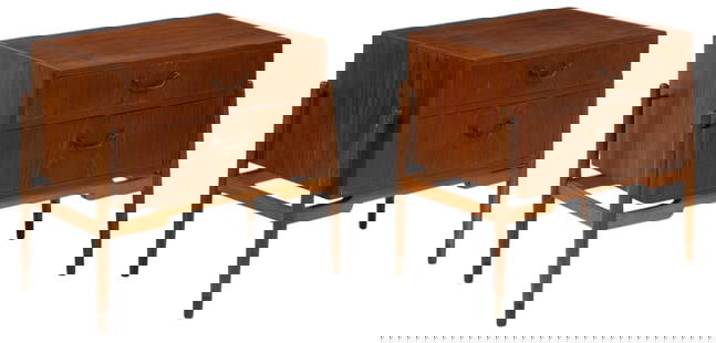 Pair of Finn Juhl (DNK) Nightstands: Pair of mid-century teak nightstands designed by Finn Juhl (Denmark, 1912-1989), each with two drawers with metal pulls, supported by stretchered pin legs extending up the sides height 20 in. x