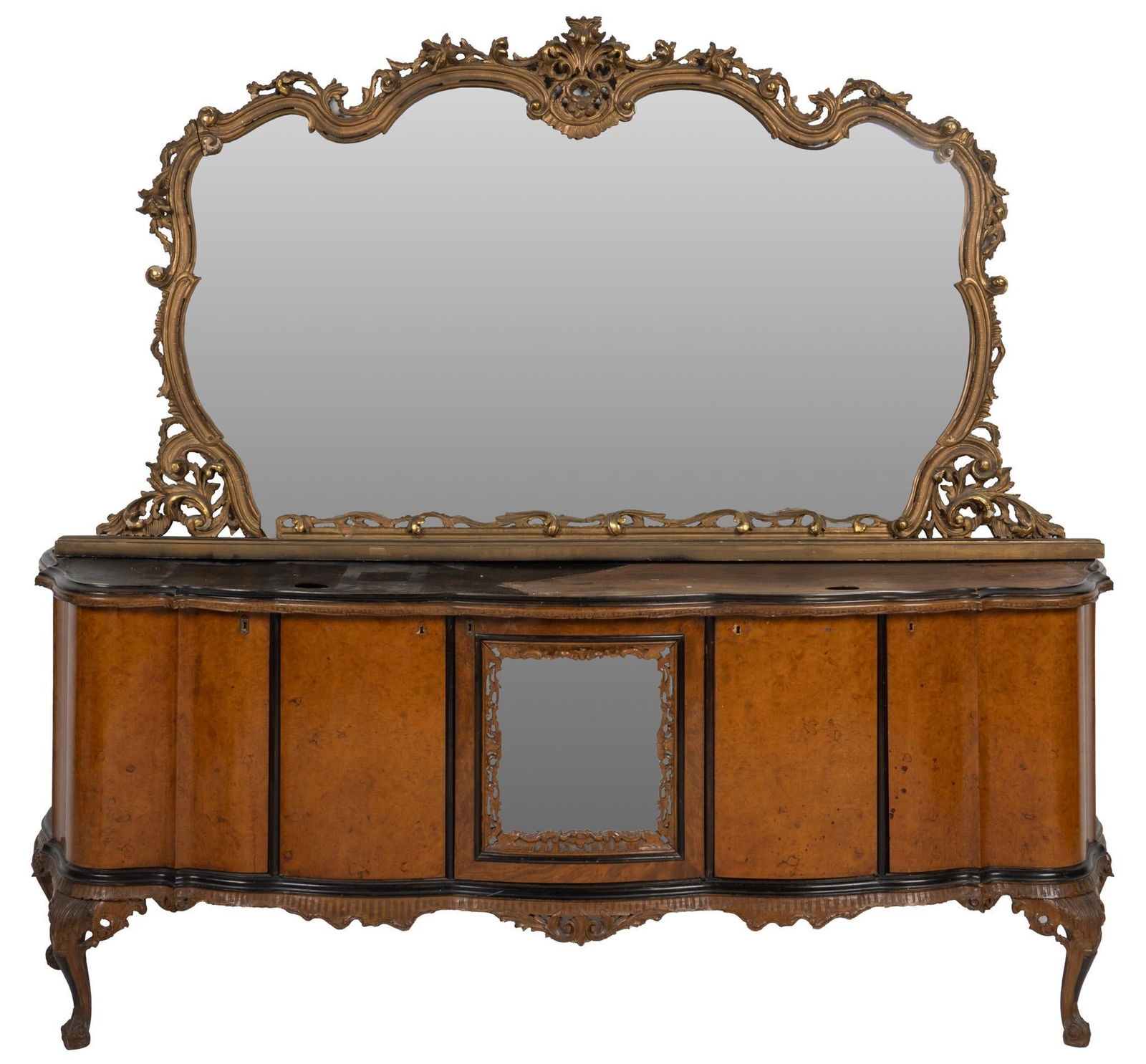 French Rococo Server and Mirror: French Rococo server with serpentine edge, middle mirror, and pair of cabinet doors, heavily carved apron, supported on carved cabriole legs, with antique Rococo mirror, heavily pierced and carved fra