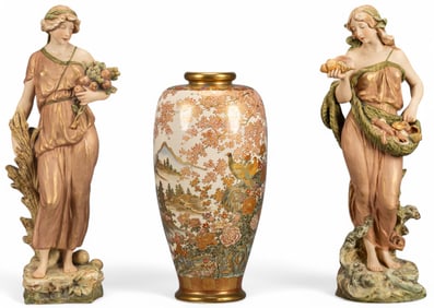 Pair of Porcelain Female Figures with Satsuma Vase