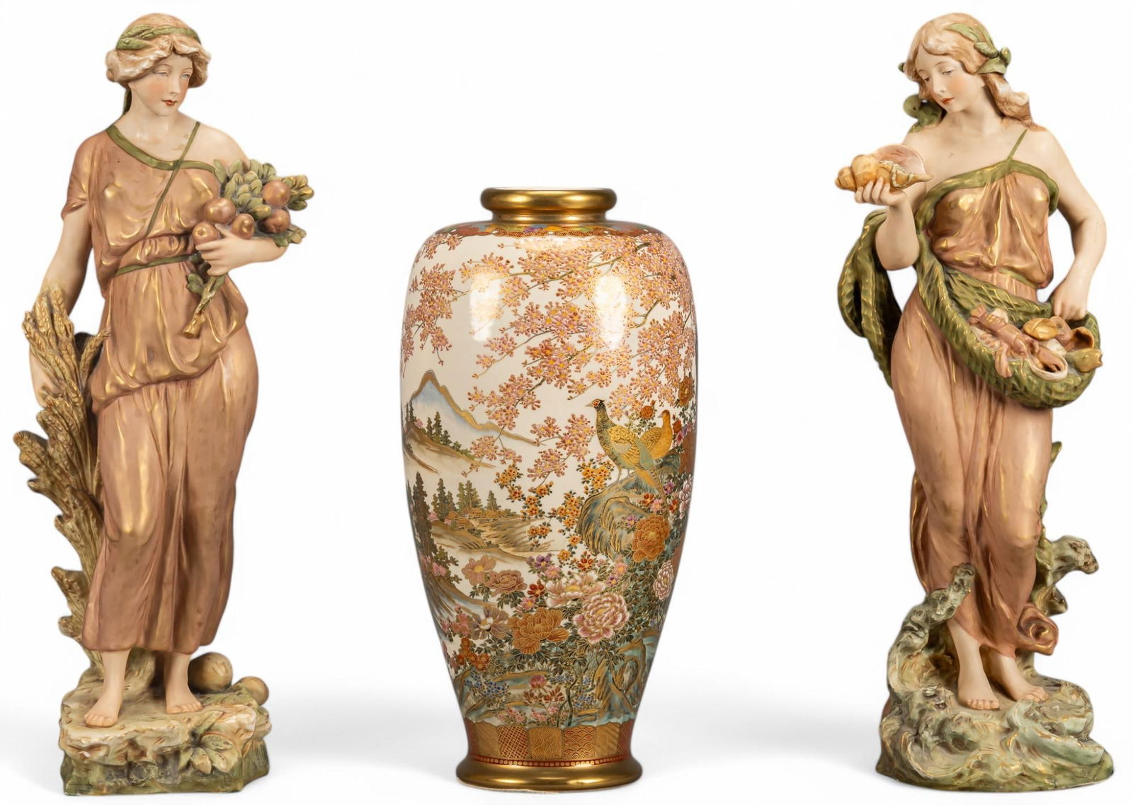Pair of Porcelain Female Figures with Satsuma Vase (1 of 13)