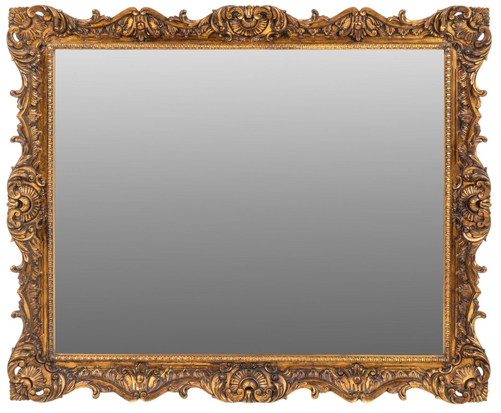French Mirror: French mirror with decoratively carved frame, with gold finish height 48 in. x width 58 in. x depth 3 in.