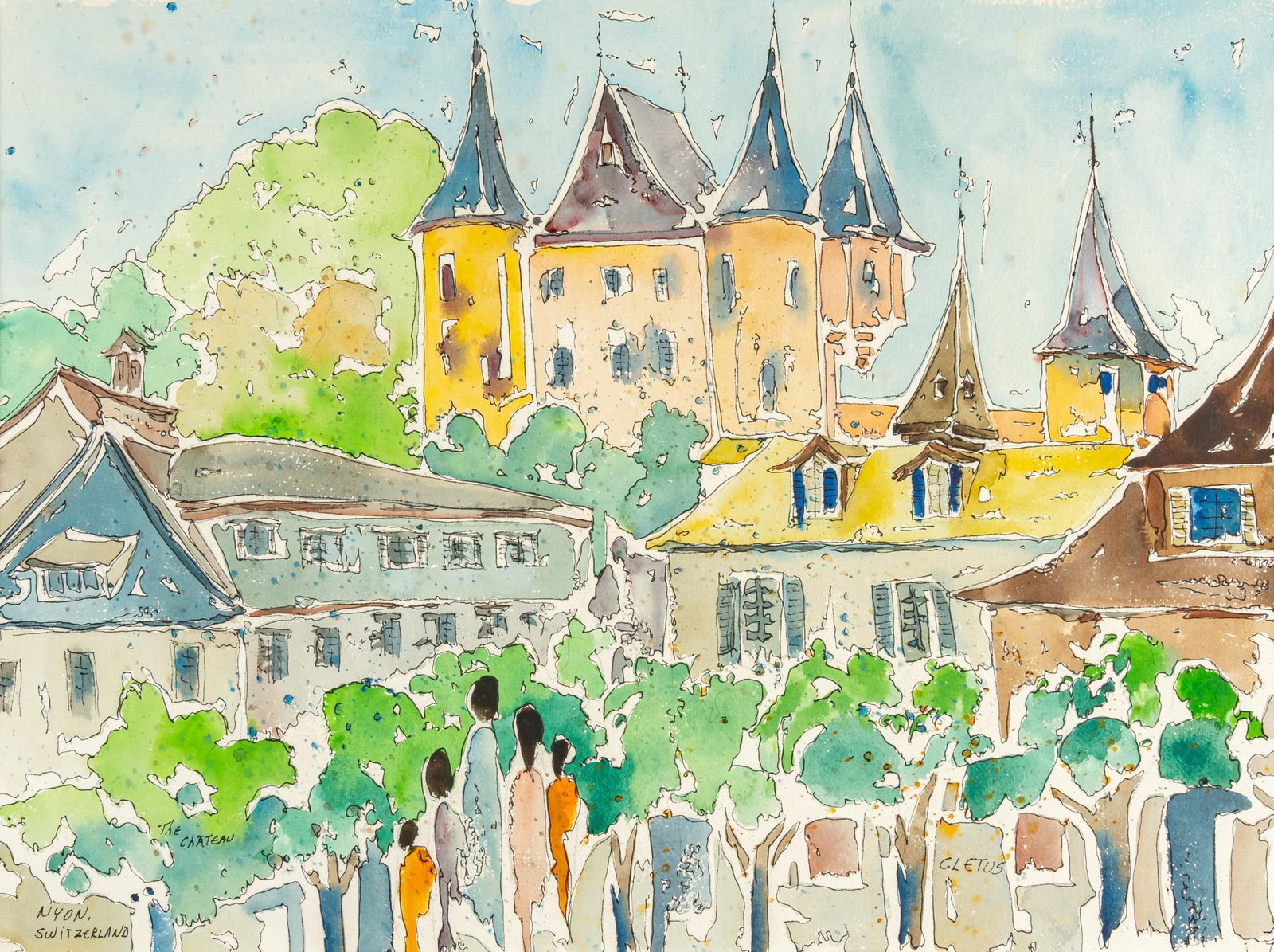 Brother Cletus Behlmann, "The Chateau - Nyon, Switzerland": Brother Cletus Behlmann (San Antonio, Texas, 1933-2016), "The Chateau - Nyon, Switzerland", watercolor and pencil on paper, in mat, not framed sight: 23.5 x 17.5 in., frame: 24 x 30 in. Prov