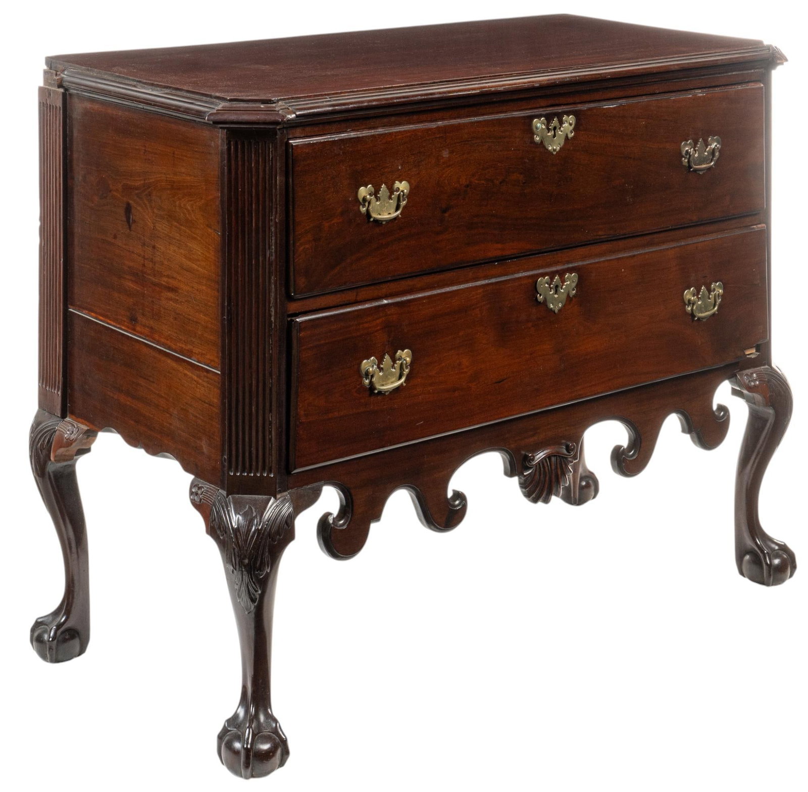 Chippendale Style Chest of Drawers: Chippendale style chest of drawers, with oversized top above two stacked drawers, each having double metal pulls and accents, rising on carved cabriole legs, with ball and claw feet height 37 in. x wi