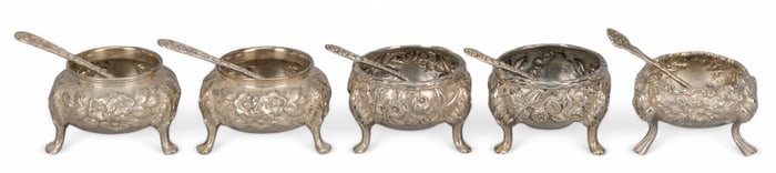(5) Sterling Silver Repousse Salt Dishes and Spoons