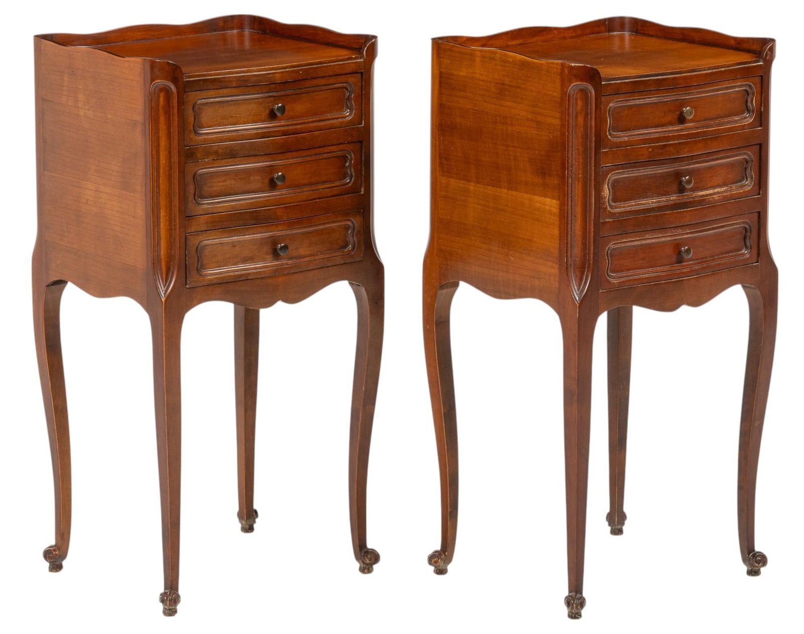 Pair of Late 19th C. Louis XV Nightstands: Pair of late 19th century Louis XV wooden nightstands with small gallery, and stack of three drawers, rising on tall cabriole legs height 29 in. x width 14.5 in. x depth 13 in.