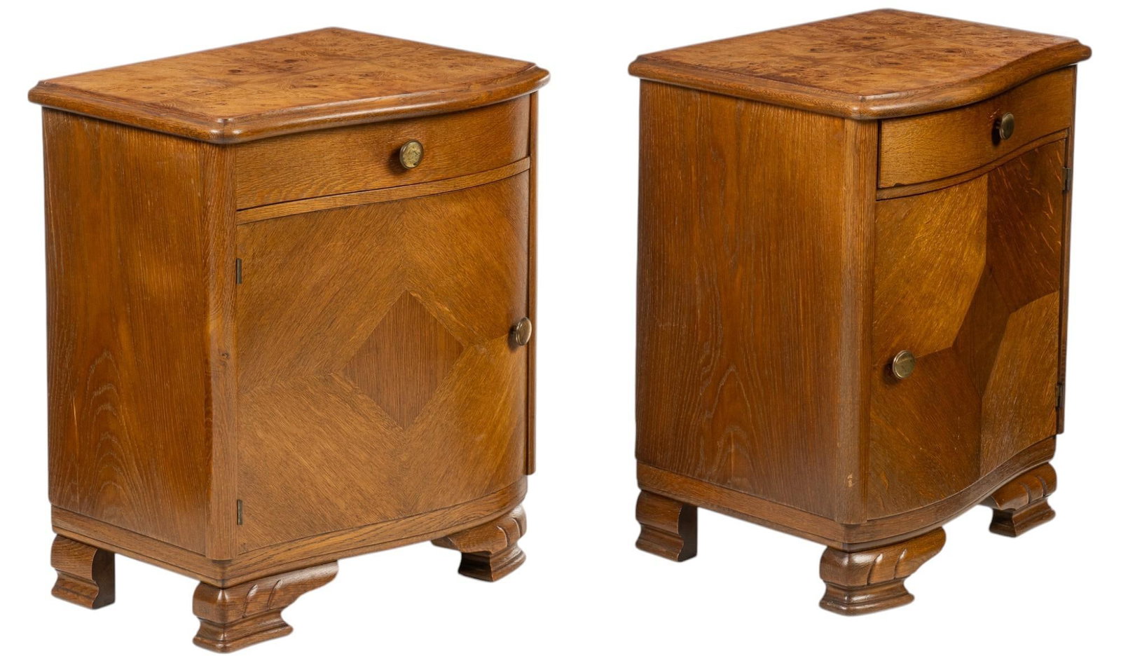Pair of Nightstands: Pair of late 19th century French nightstands each with mirrored serpentine frames, single drawer with metal pull, and inlaid cabinet door that opens to to fitted interiors, supported on carved legs, c