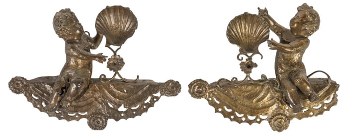 Pair of Slag Metal Putti Shelf Sitters
