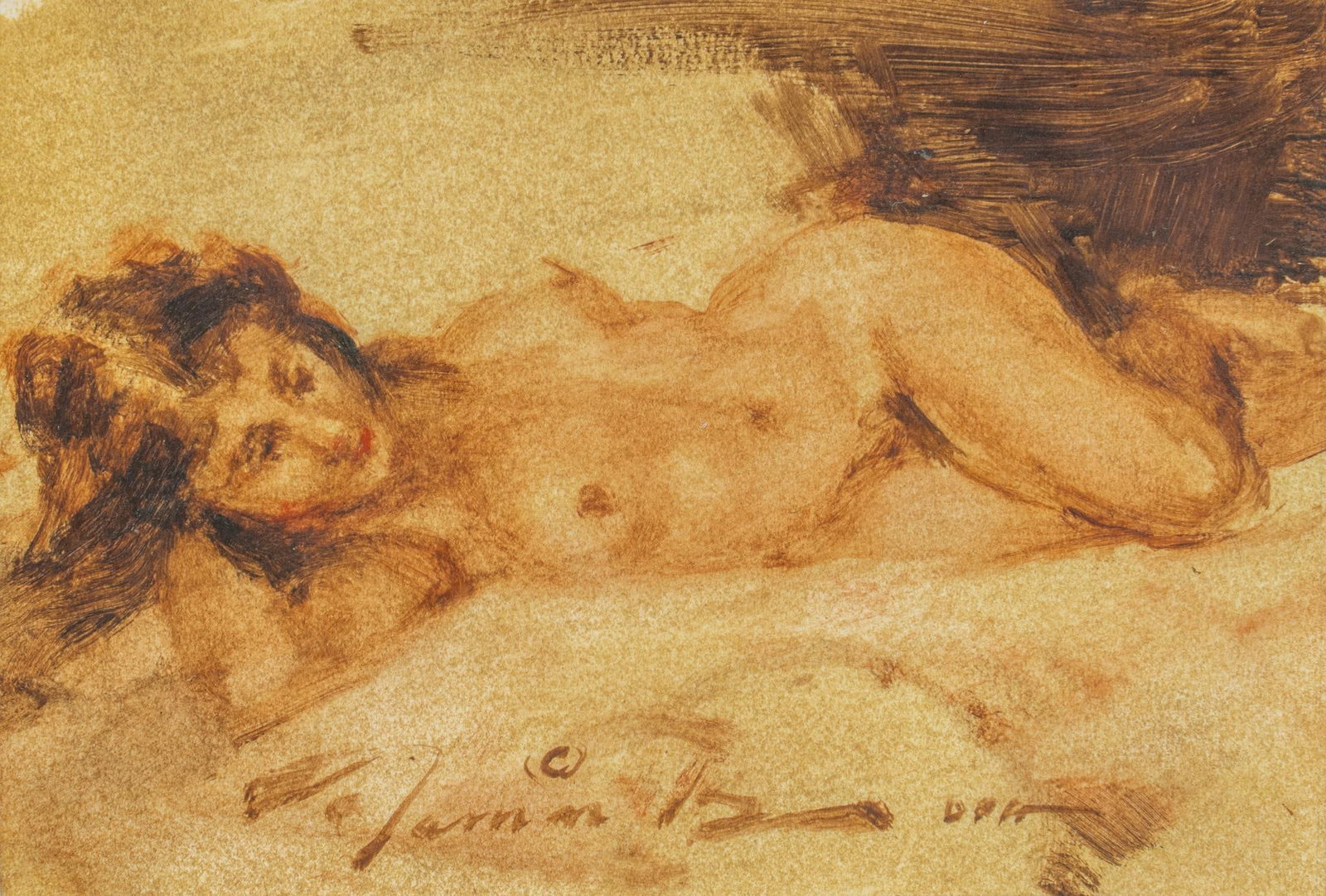 Ramon Kelley, "Sepia Nude": Ramon Kelley (Amer., b. 1939), "Sepia Nude", oil on panel sight: 4.25 x 6.25 in., frame: 8.5 x 10.5 in Provenance: Property from the collection of a Neenah, Wisconsin gentleman