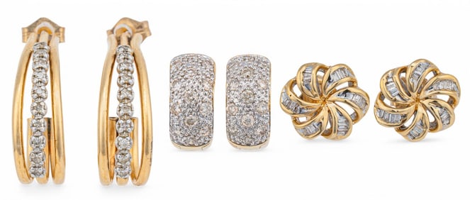 (3) Pairs of 14K Diamond Earrings