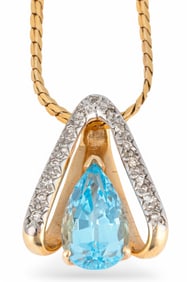 14K Blue Topaz and Diamond Pendant Necklace