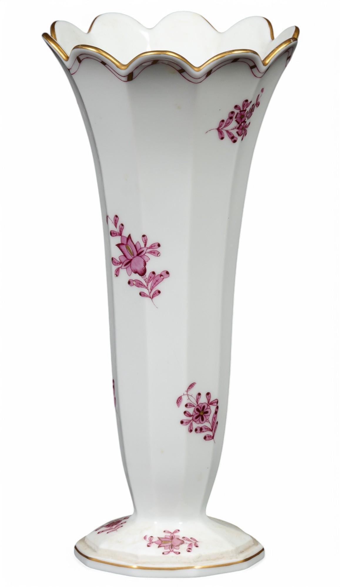Small Herand (Hung) Porcelain Vase: Small Herand (Hungary) hand-painted porcelain flower vase, white, with maroon floral motifs, marked on bottom height 9 in. x width 4 in. x depth 4 in. Provenance: Property from the Estate of a prom