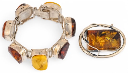 (2) Pieces of Sterling Silver and Amber Jewelry