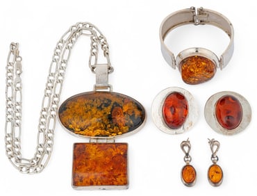 (4) Pieces of Sterling Silver and Amber Jewelry