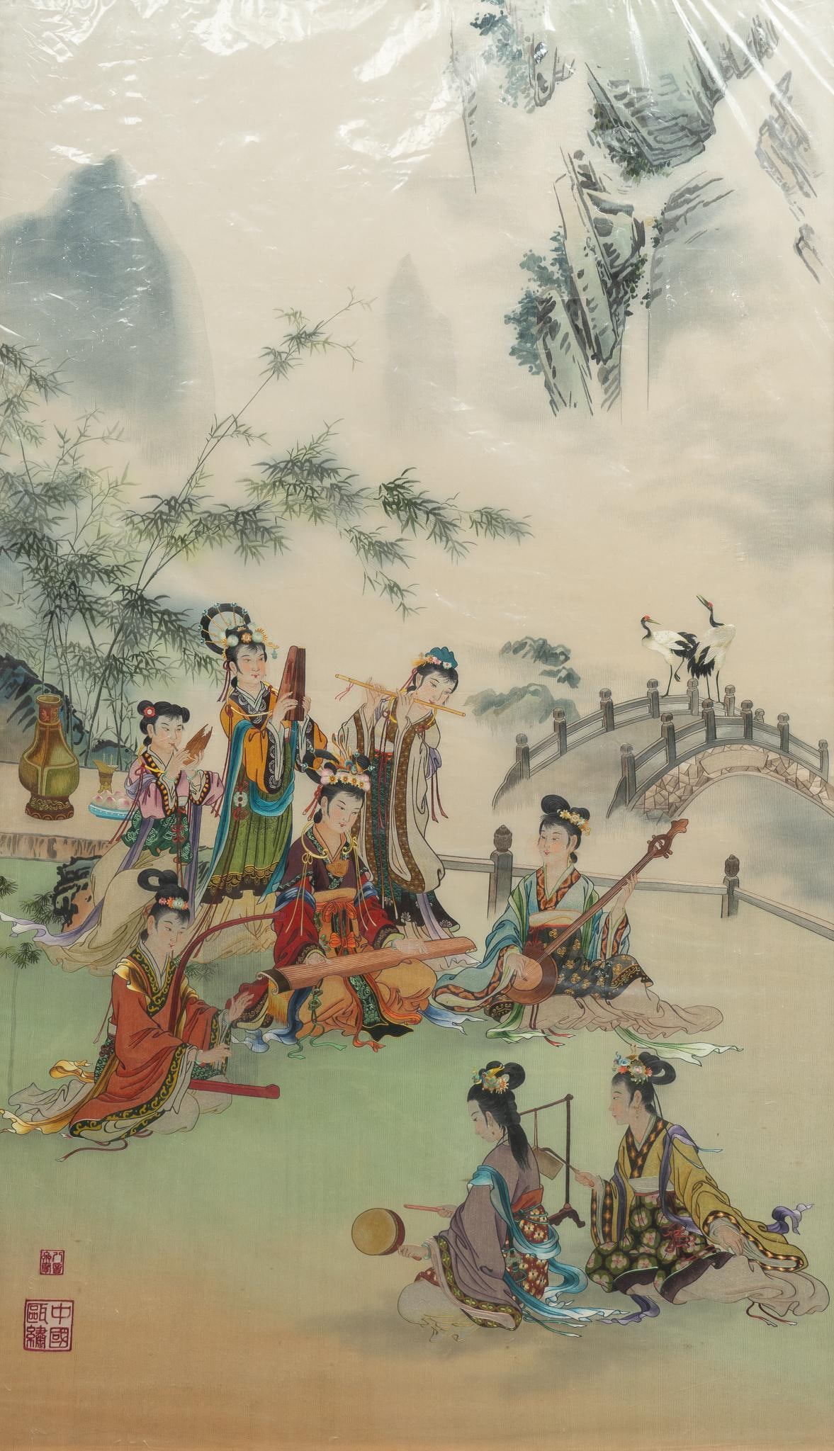 Chinese Painting on Silk: Decorative Chinese courtly painting on silk depicting women in mountains, with various traditional instruments sight: 57 x 33 in., frame: 62 x 38.5 in. Note: Protective plastic cover can be removed