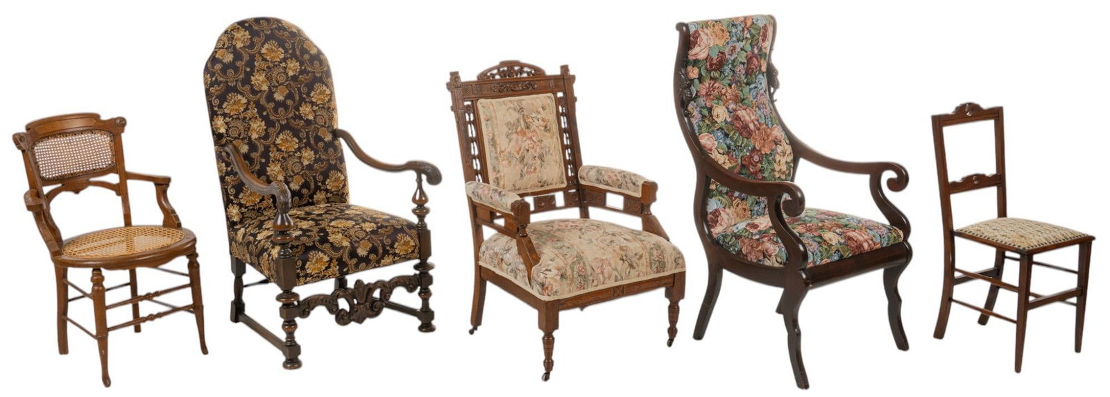 Collection of (5) Decorator Chairs: Collection of five decorator chairs, having varied construction, one with cane back and seat, and four having upholstery throughout height 46 in. x width 23 in. x depth 26 in. Provenance: Property fro