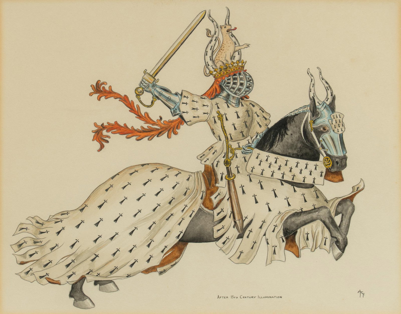 French Dukes from a Medieval Book of Tournaments: (2) Reproduction watercolor illustrations of the Dukes of Brittany and of Bourbon in single combat, copied by hand from the 15th century book commonly referred to as "King Rene's Book of Tourn
