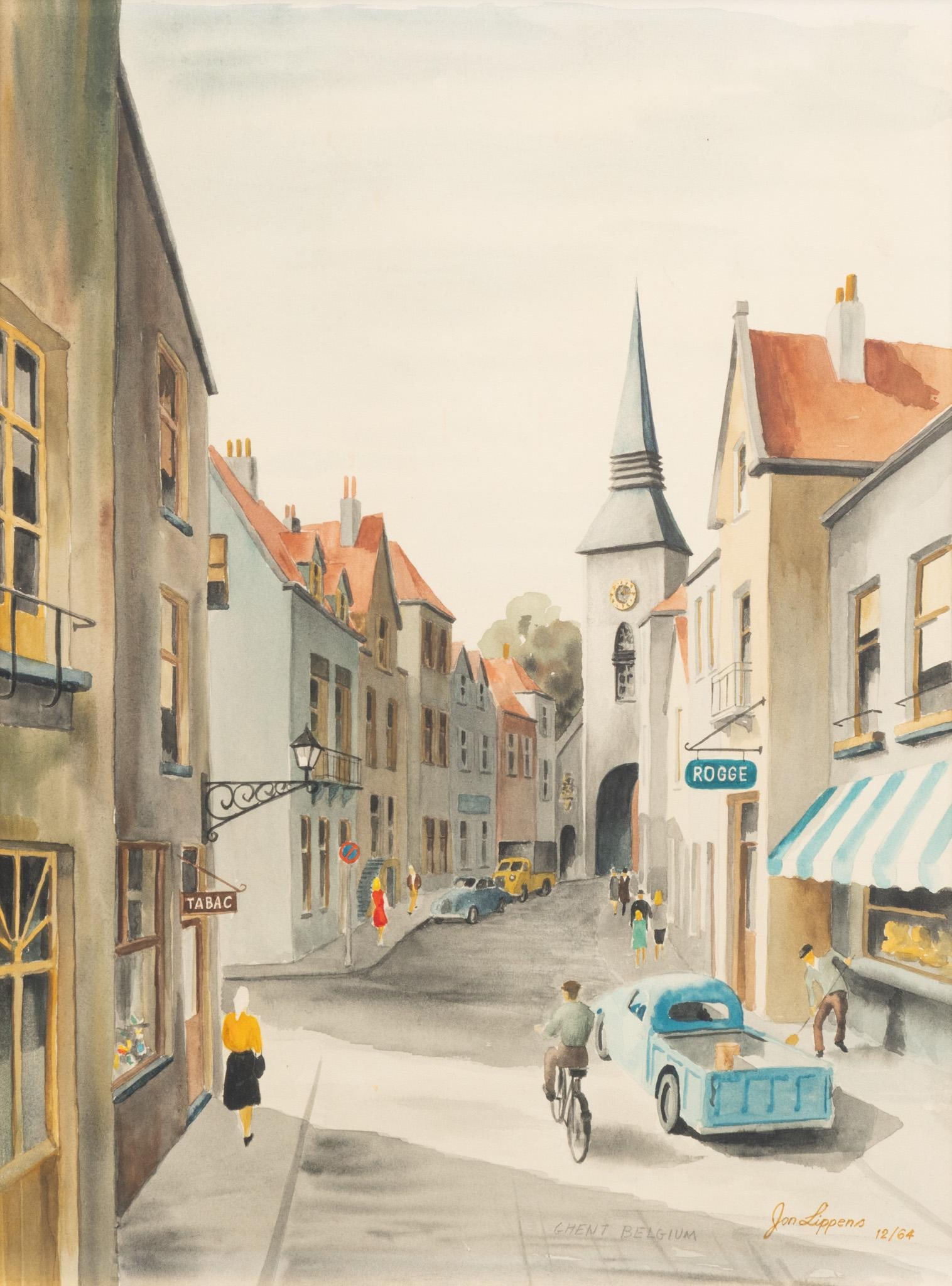 Jon Lippens, Belgian Watercolor: Jon Lippens (20th c.), Belgian street scene, inscribed "Ghent, Belgium", 1964, watercolor sight: 19.5 x 14 in., frame: 23.5 x 19 in. Provenance: Property from the collection of a Dallas, Texas