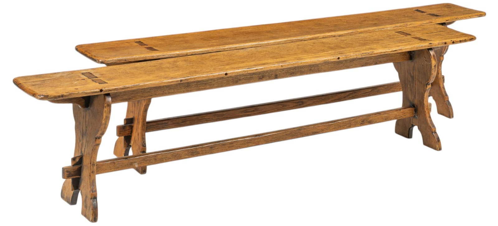 Pair of Wooden Benches: Pair of wooden benches with carved block legs and stretchers height 19.5 in. x width 78.5 in. x depth 11.5 in. Provenance: Property from the collection of a San Antonio, Texas lady
