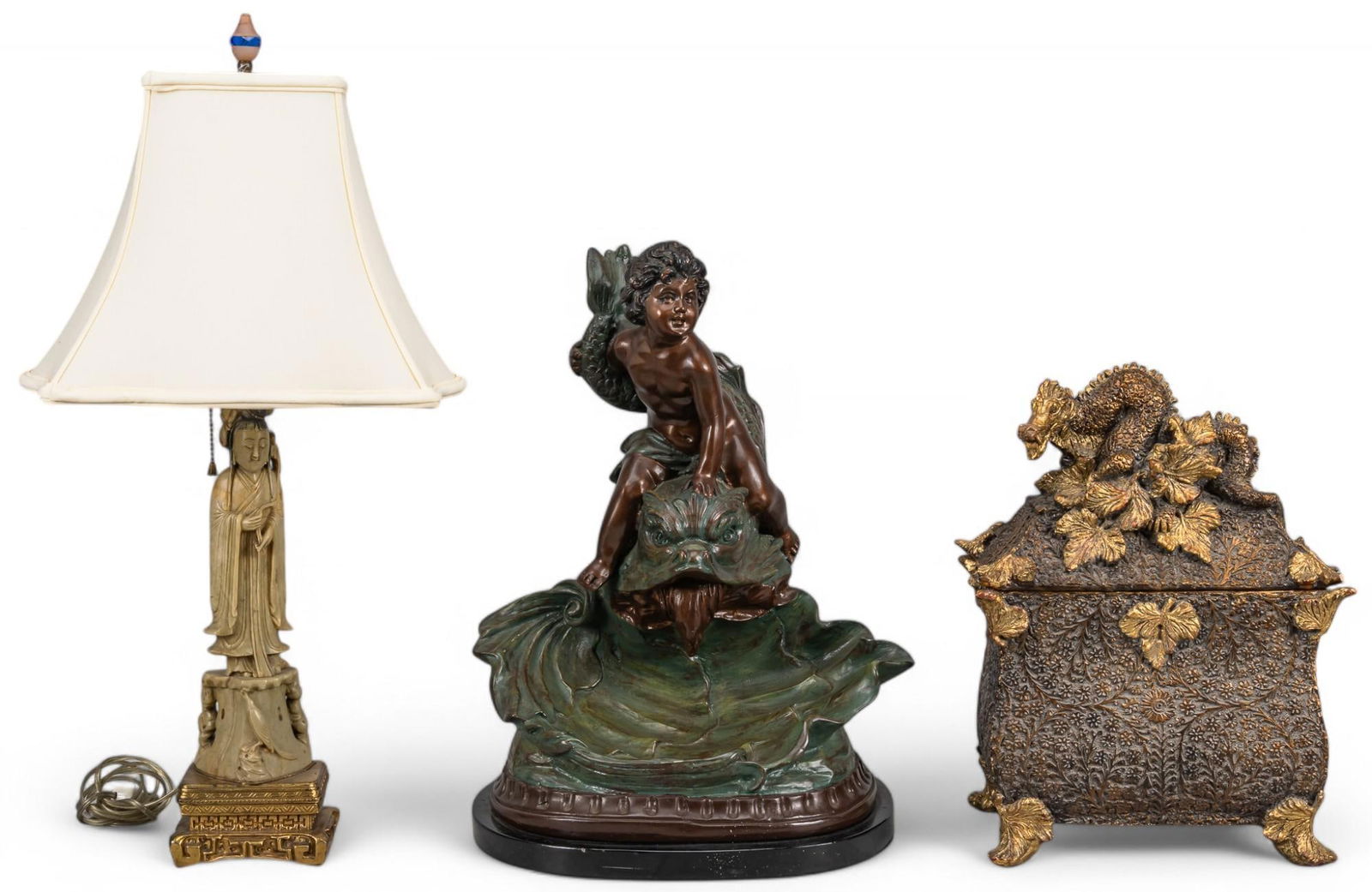 Collection of (3) Asian and Neoclassical Decorative Objects: Collection of three Asian and Neoclassical style decorative objects, to include carved lamp depicting Chinese bodhisattva Guanyin with lampshade, in working condition, a replica of a Neoclassical scul