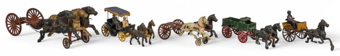 (5) Cast Iron Horse and Wagon Toys
