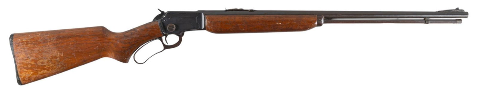 Marlin Model 39-A 22 LR Lever Action Rifle: Serial: E6040 Manufacturer: The Marlin Firearms Co. Model: 39-A Caliber: 22 LR Barrel length: 24 in. OAL: 40.25 in. Condition: Good; stock has moderate wear & handling marks throughout including p