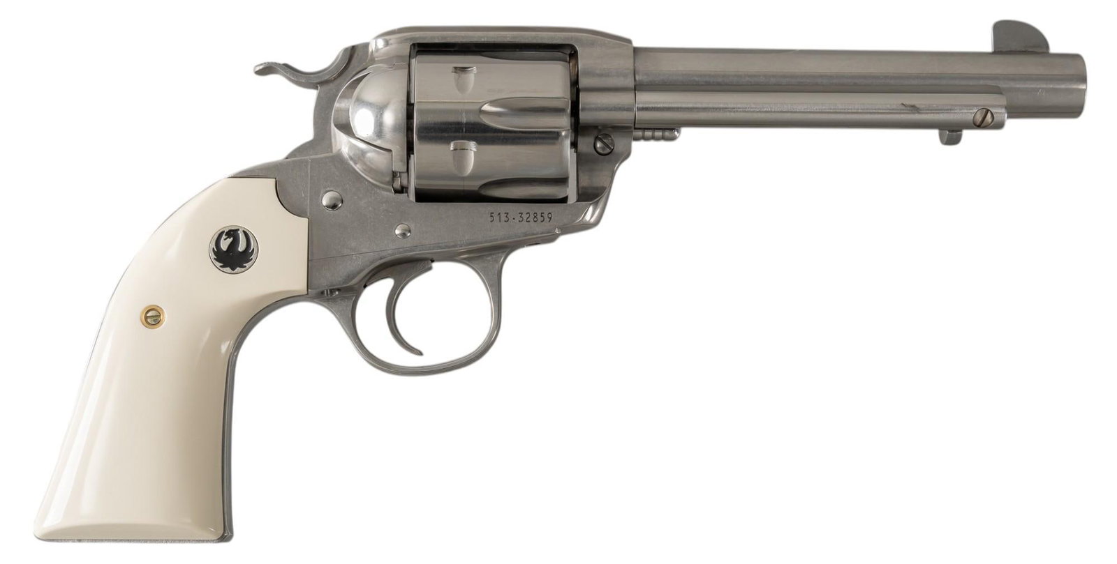 Ruger New Vaquero Bisley 45 LC Revolver: Serial: 513-32859 Manufacturer: Ruger (c. 2019) Model: New Vaquero Bisley Caliber: 45 LC Barrel length: 5.5 in. OAL: 11 in. Condition: Very Good; very light handling marks throughout; cylinder drag ma